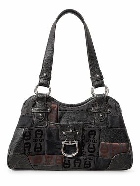 Etienne Aigner Patchwork Logo Shoulder Bag Black Brown Silver Hardware